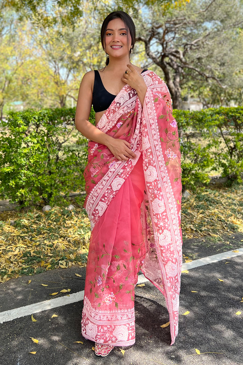 Organza Gold Jari Weaving Saree with Peacock Design - Designerkloth