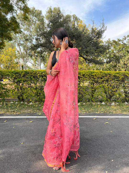 Dazzling Baby Pink Color Original Organza With Real Mirror Designer Saree