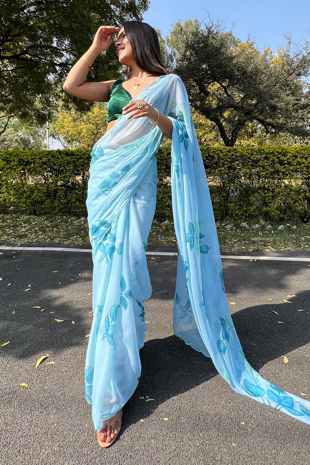 Sky Blue and Blue color Georgette sarees with all over heart print design  -GEOS0007493