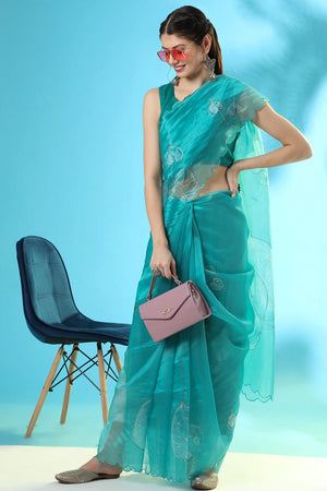 Turquoise Blue Organza Saree