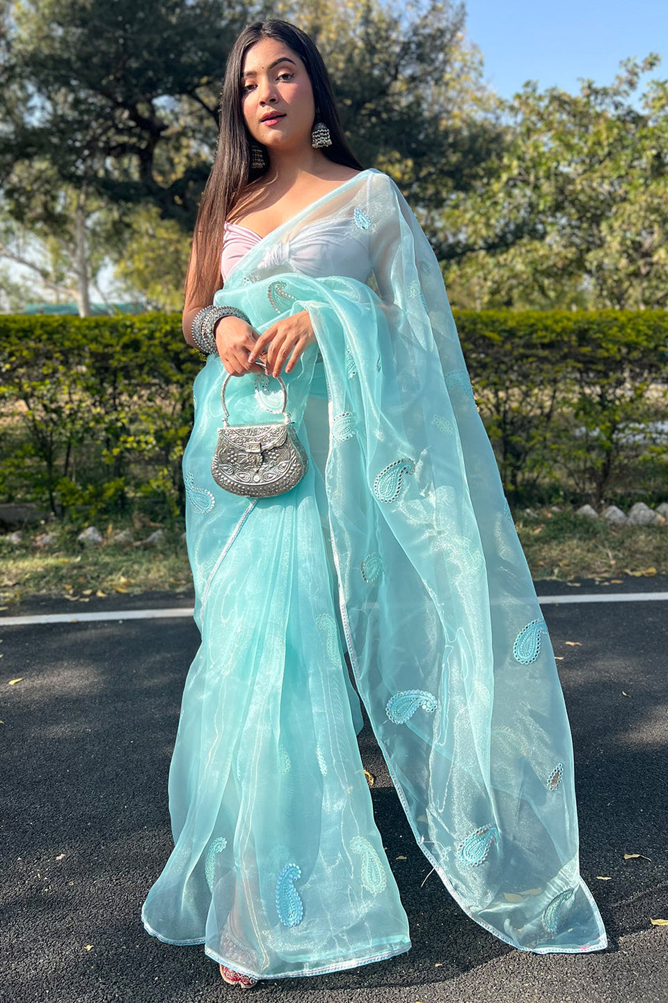 Buy Turquoise Blue Organza Saree online-Karagiri