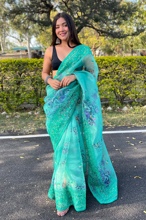 Turquoise Blue Organza Saree