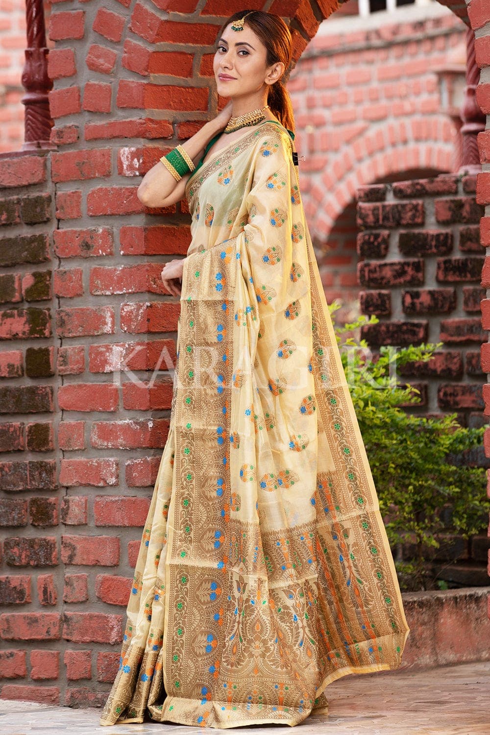 Sequin-studded beige organza saree -... - Pallod Creations | Facebook