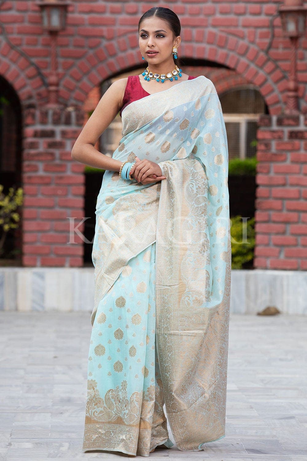 Arctic Blue Organza Saree With Hand Embroidery | Singhania's