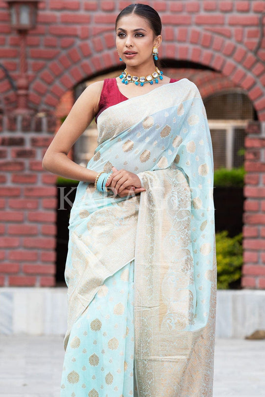 Sky Blue Organza Saree With Heavy Embroidery Work & Piping Border –  Sachisabya