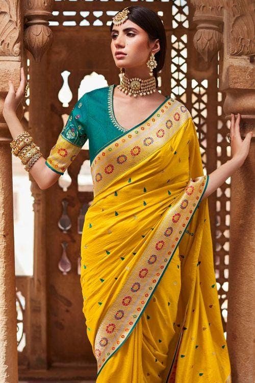 Yellow Flowers in White Saree – www.soosi.co.in