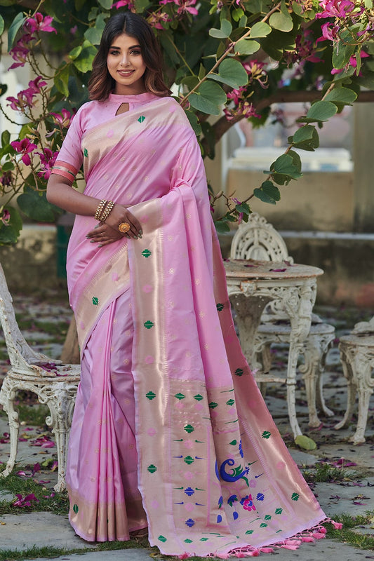 Buy Carnation Pink Paithani Saree online-Karagiri