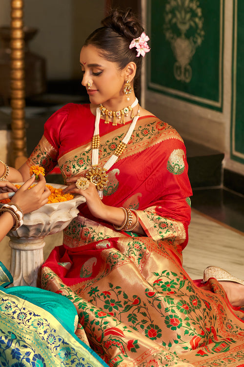 Orange Paithani Saree With Meenakari Motifs