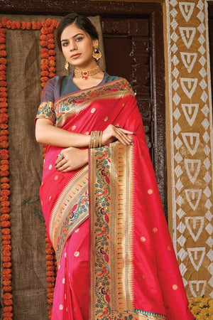 Pink Color Silk Fabric Saree With Silk Weave And Stone Work