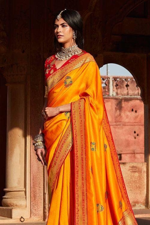 Paithani raw silk Saree - Orange | Indian Silk Sarees