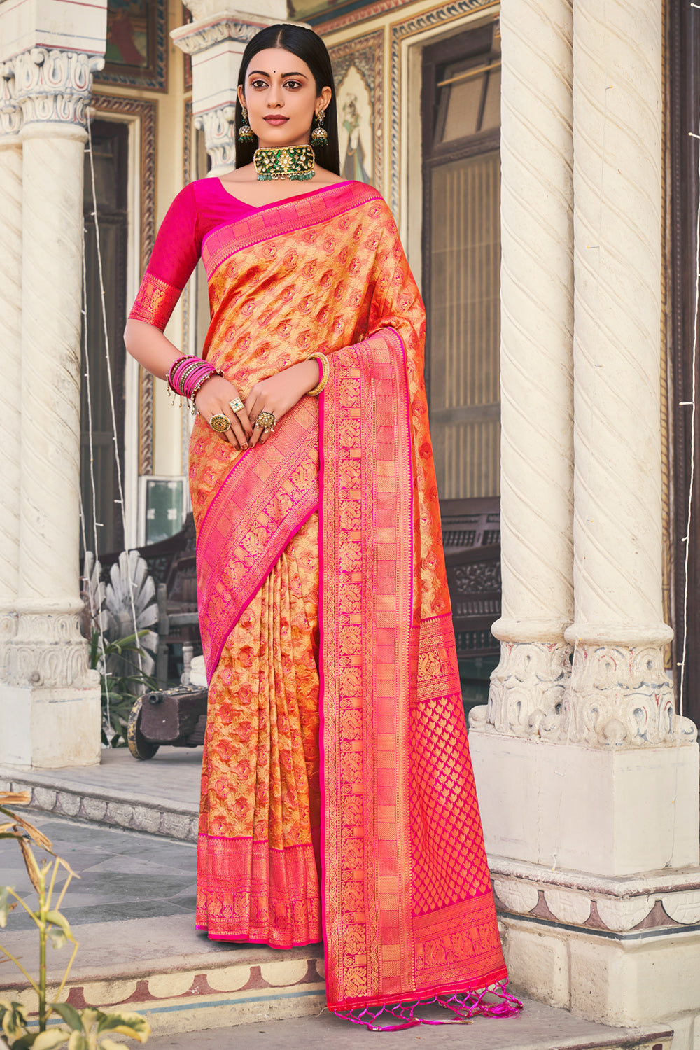 RANI PINK BODY AND ORANGE ANCHAL HANDLOOM COTTON SAREE – sloka Boutique