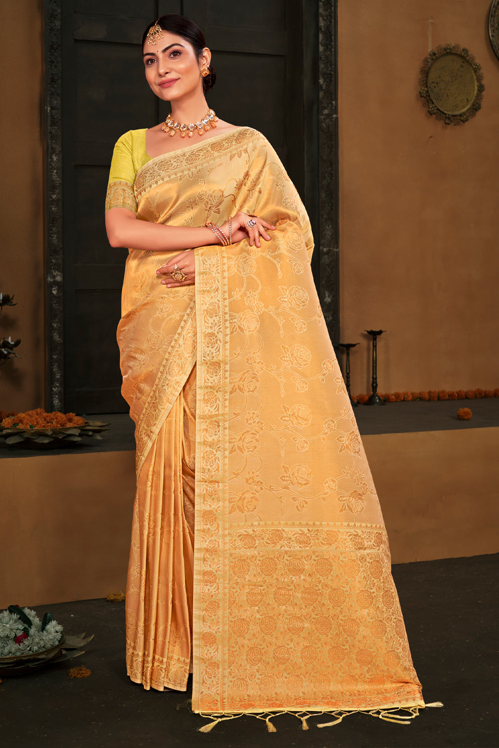 Buy Face Deal Women Kanjivaram Soft Lichi Silk Saree With Blouse Piece (Lemon  Yellow) at Amazon.in