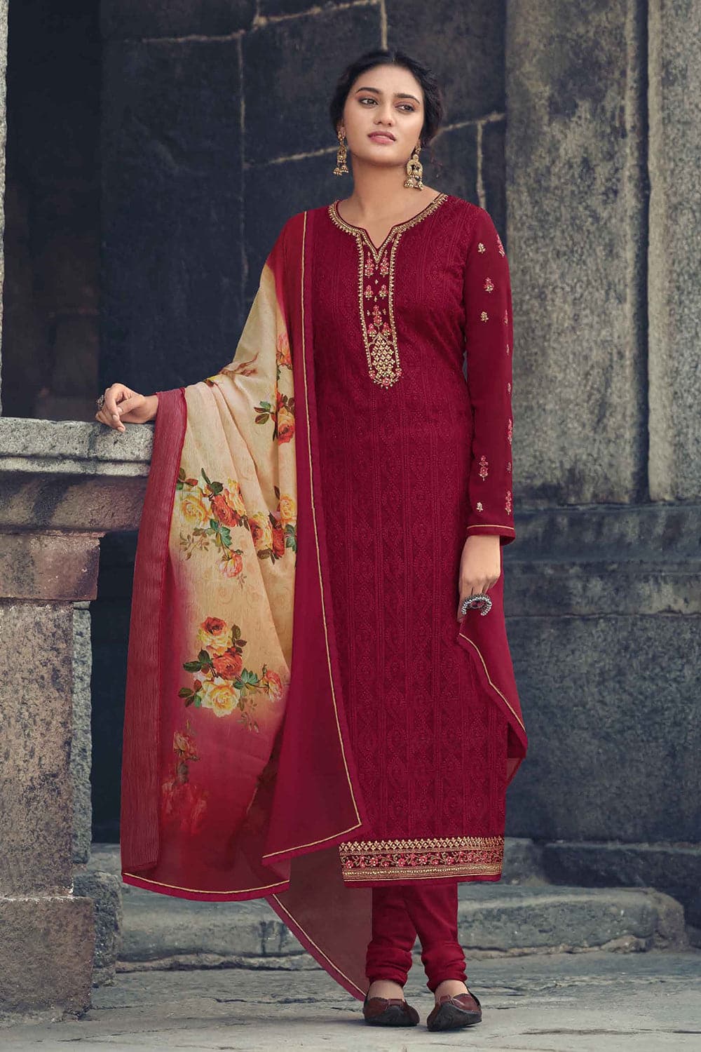 Maroon salwar suit deals with golden dupatta