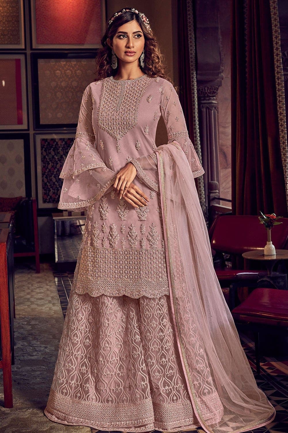 Buy Pink Georgette Party Wear Embroidery Work Top Palazzo With Jacket Online  From Wholesale Salwar