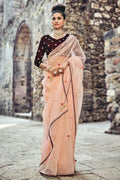 Saree Light Peach Designer Net Saree With Velvet Blouse saree online