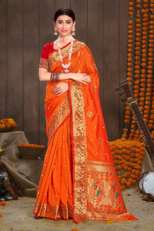 Cantaloupe Orange Paithani Silk Saree