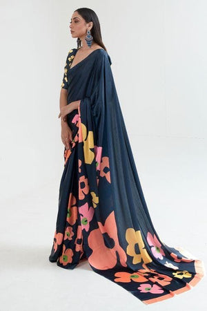 Black Floral Print Satin Crepe Saree | Crepe silk sarees, Fancy sarees, Crepe  saree