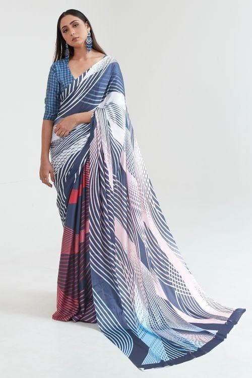 Teal Blue Striped Zari Saree | Blue Zari Saree Online– Inddus.in