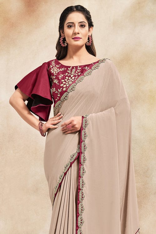 Bluish-Grey Crepe Georgette Plain Silk Saree With Blouse For Women's |  Exotic India Art