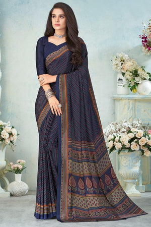 Midnight Blue Satin Crepe Saree