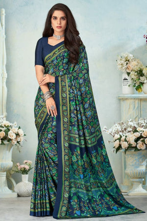 Navy Blue Satin Crepe Saree