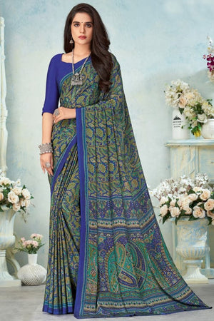 Ultramarine Blue Satin Crepe Saree