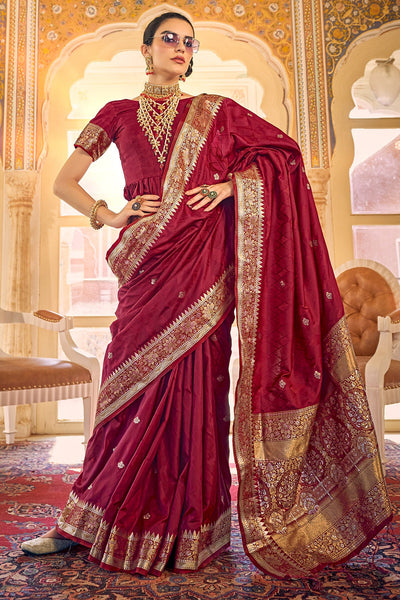 Vishal Prints Olive Grey, Maroon Satin Saree With Stone Work With (Cru