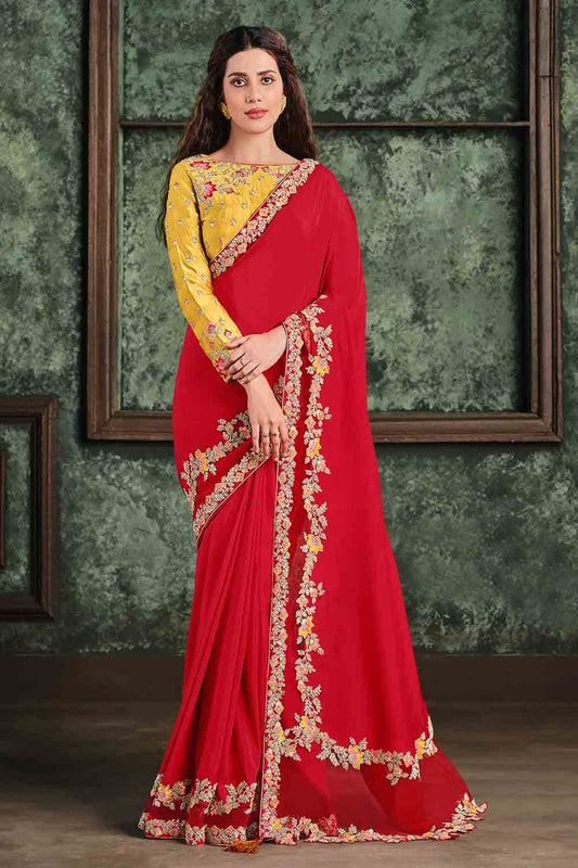 Buy Mahogany Red Lycra Saree online-KARAGIRI