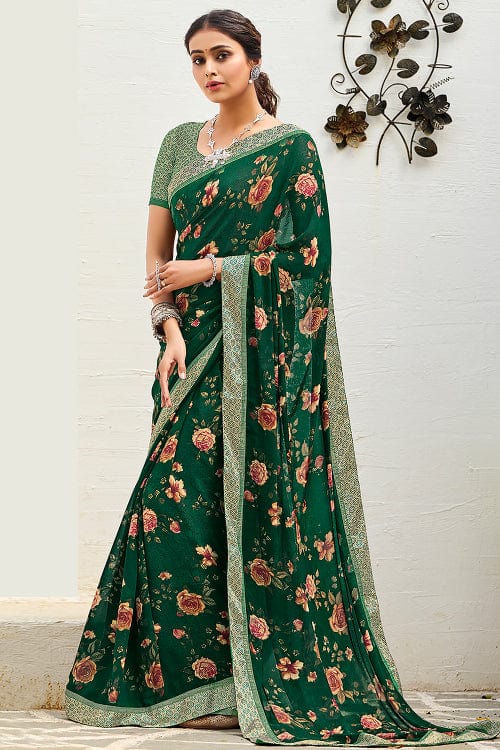 Forest Green Satin Silk Saree – Karagiri