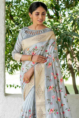 Heather Grey Satin Silk Saree