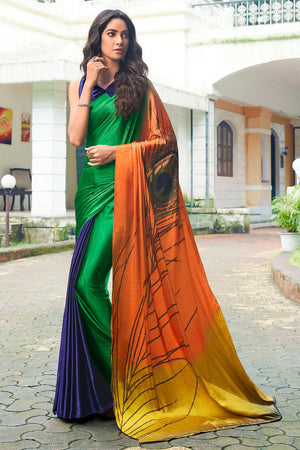 Lime Green Satin Silk Saree