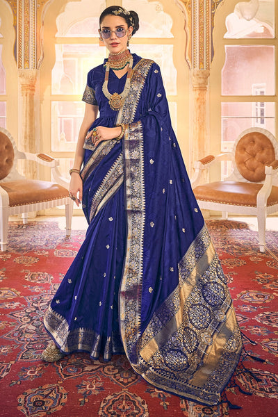 blue with navy blue shibori satin saree with pearl embroidered lace border  - BOVEEE - 3832856