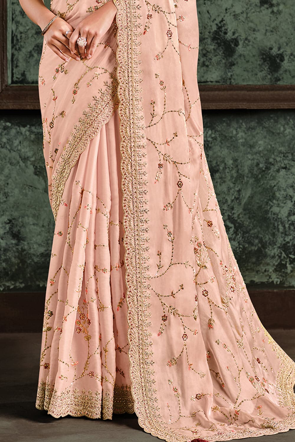 Buy Peach Satin Printed Floral Saree For Women by Nazaakat by Samara Singh  Online at Aza Fashions.