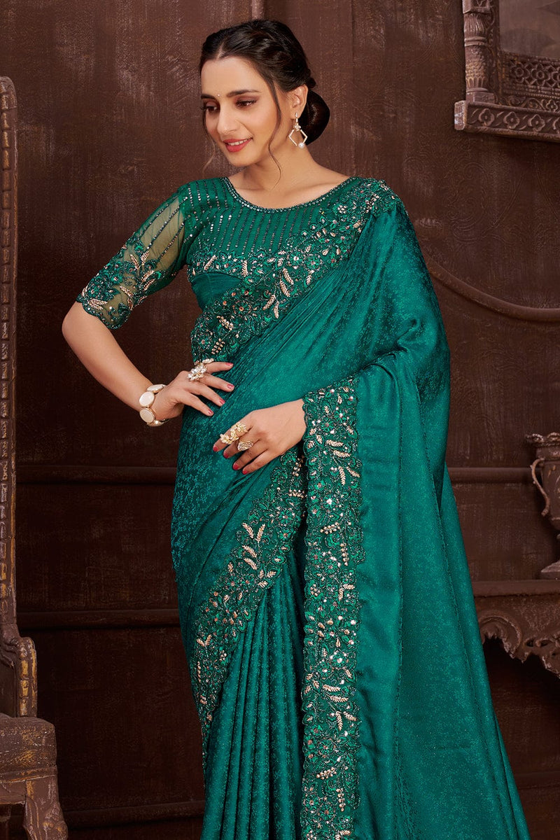 Buy Teal Blue Satin Silk Saree online-Karagiri