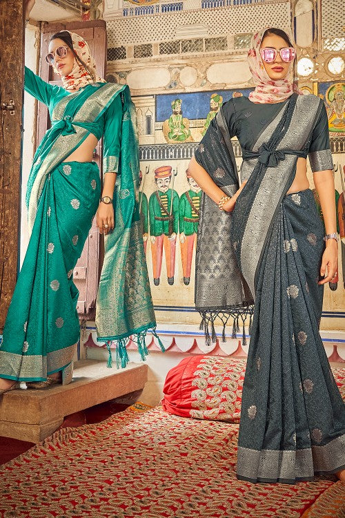 Buy Teal Blue Satin Silk Saree online-Karagiri