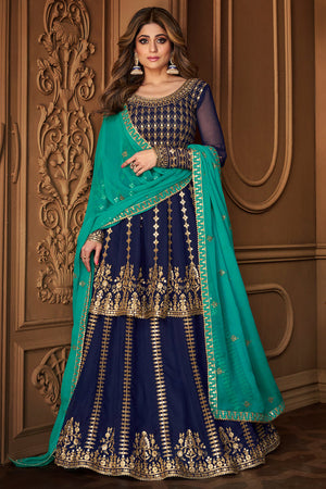 Navy Blue Sharara Suit (Semi-Stitched)