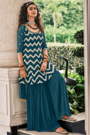 Ocean Blue Sharara Suit (Semi-Stitched)