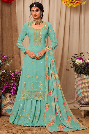 Sky Blue Sharara Suit (Semi-Stitched)