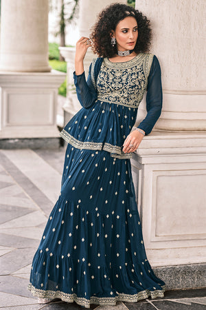 Teal Blue Sharara Suit (Semi-Stitched)