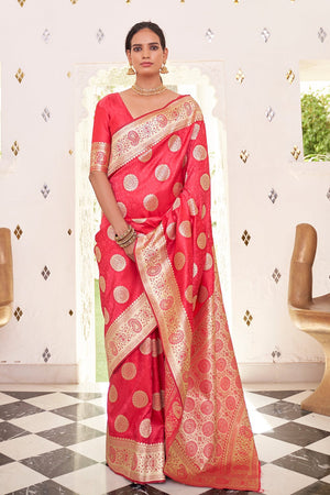 Bright Peach Silk Saree With Blouse Piece