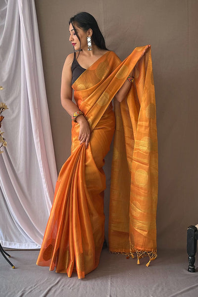 Radiate in our dual-tone yellowish-orange saree with a royal magenta pink  border, beautifully embossed and complemented with a rich pallu... |  Instagram