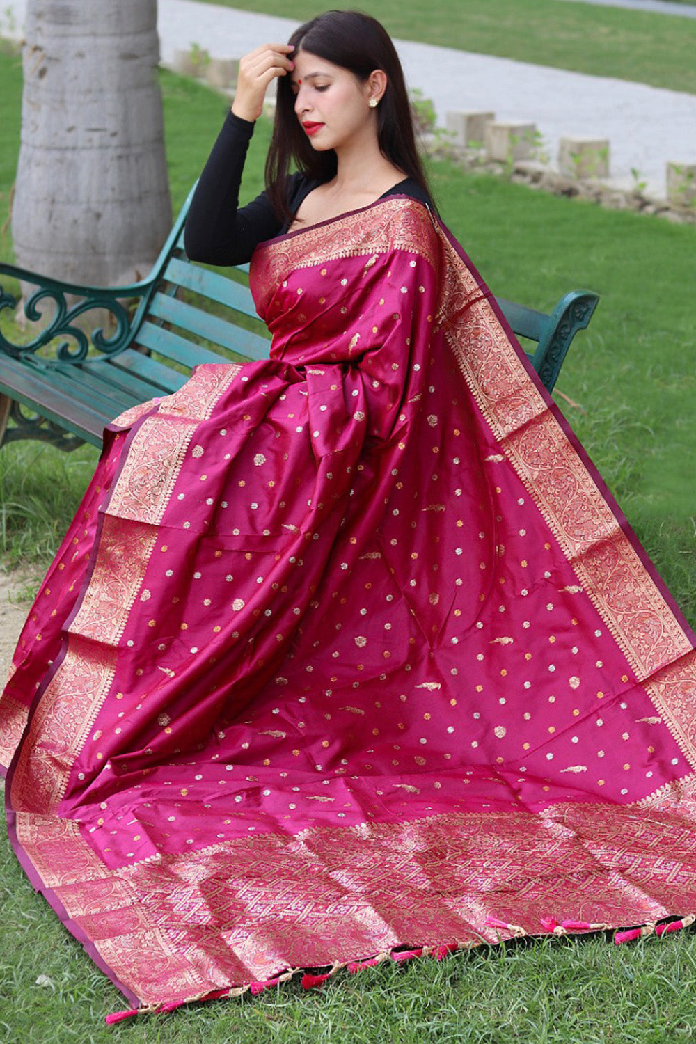 Rani Pink Handloom Tissue Silk Saree With Green Blouse | Kolour