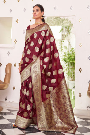 Dark Maroon Silk Saree With Blouse Piece