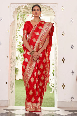 Scarlet Red Silk Saree With Blouse Piece