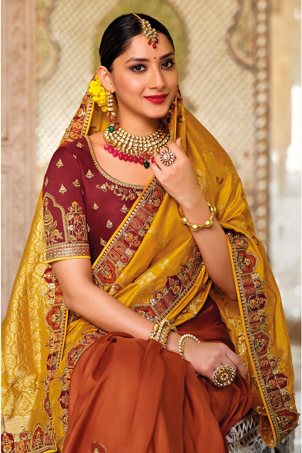 Buy Mustard Georgette Saree online-Karagiri