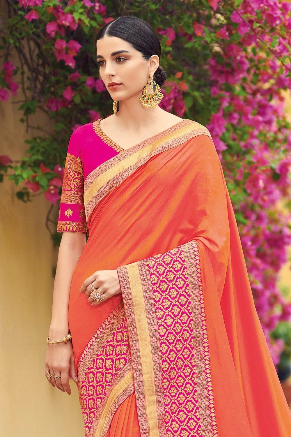 Coral Pink Zari Butta Woven Tussar Silk Saree - Clothsvilla