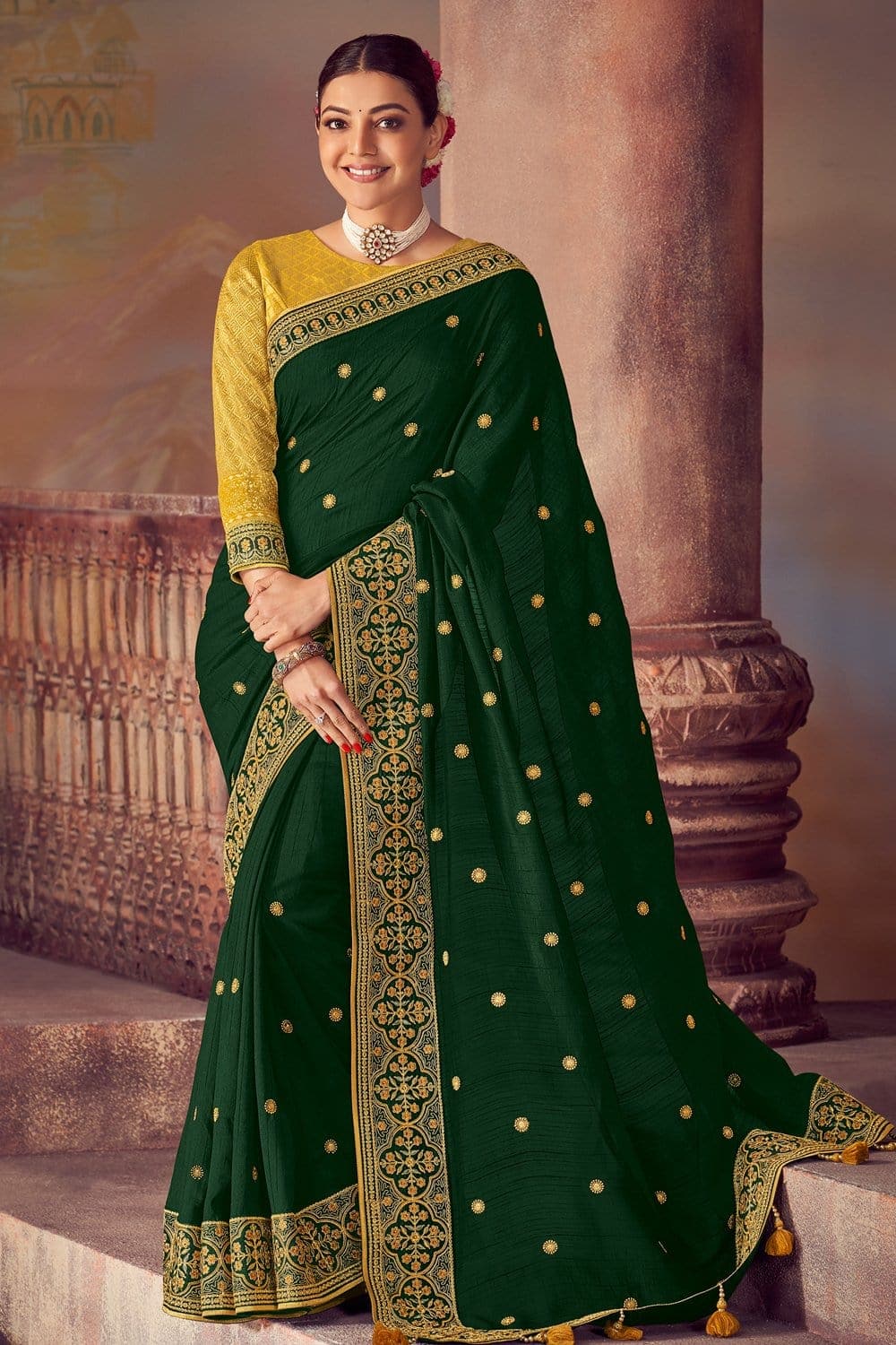 Dark Green Saree in Soft Silk Three Colored Zari - Clothsvil