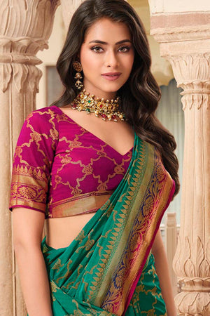 Buy Jade Green Silk Saree With Banglori Silk Blouse Online - SARV05375