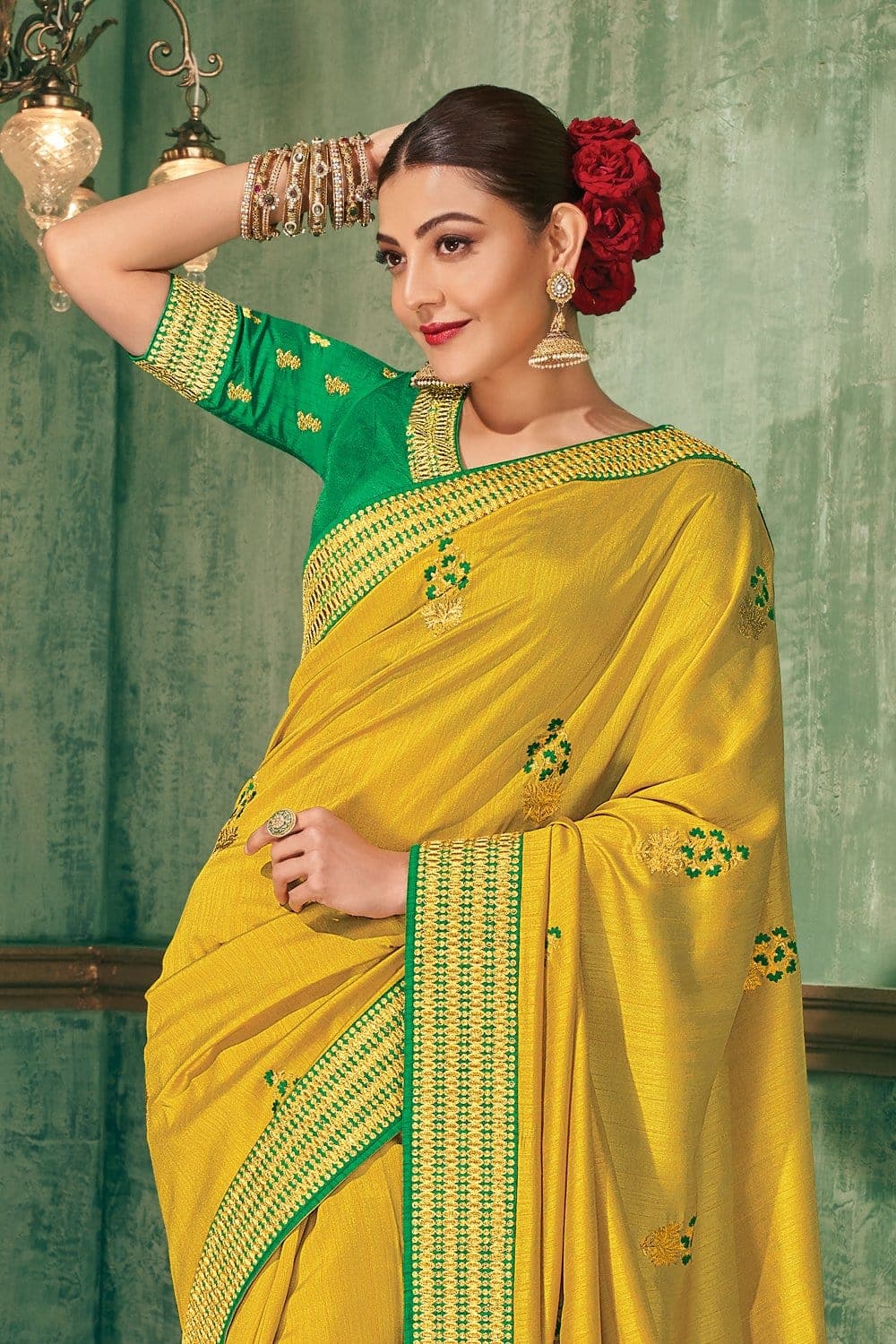 Buy Yellow Mukaish Georgette Embroidery Slit Pre-draped Saree With Blouse  For Women by Saaj by Ankita Online at Aza Fashions.