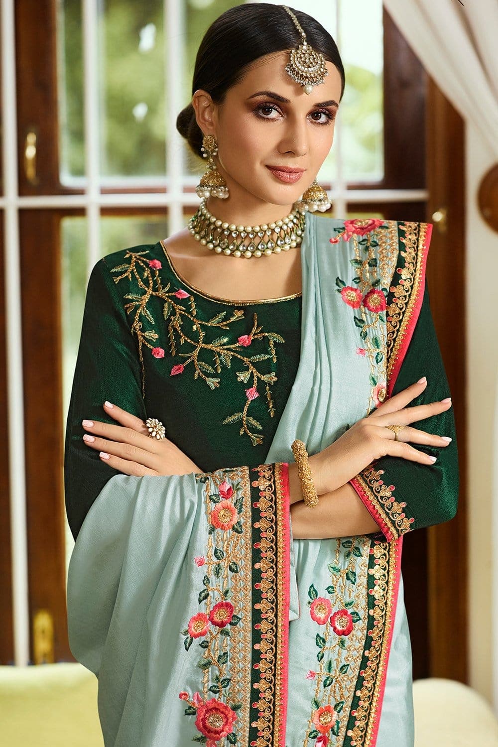 Pista Green Designer Dola Silk Saree With Embroidered Blouse